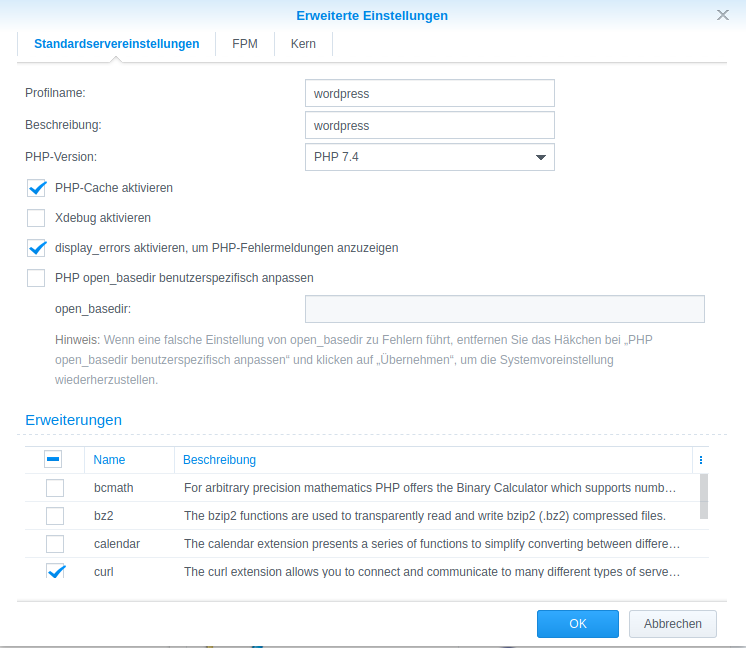 Synology Erweiterte Einstellungen
