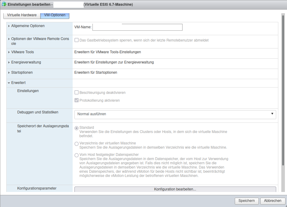 VM-Optionen und Konfiguration
